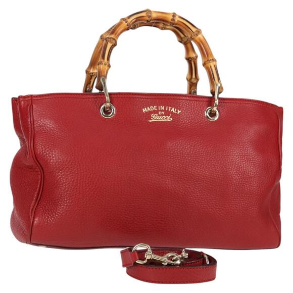 GUCCI Bamboo Hand Bag Leather Red Gold - Picture 1 of 16